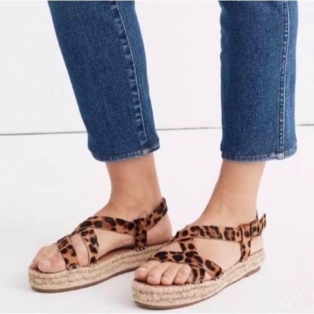 Madewell The Malia Espadrille Sandal in Leopard Calf Hair Size 9 NWOT